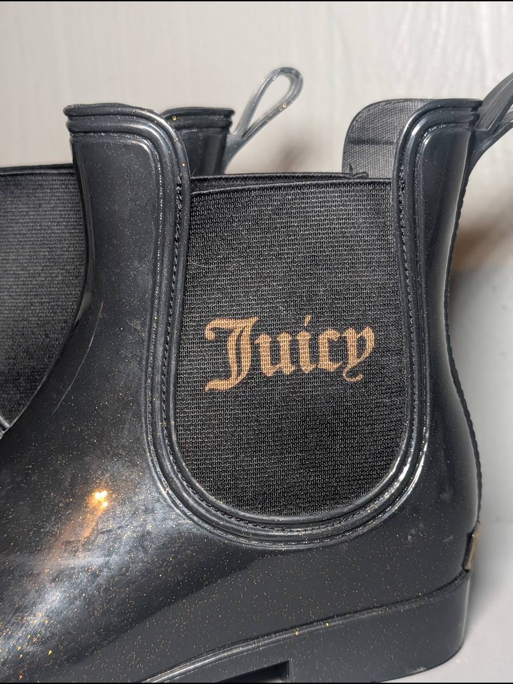 Juicy Couture Black Rain Ankle Boots with Gold Glitter - Picture 2 of 4